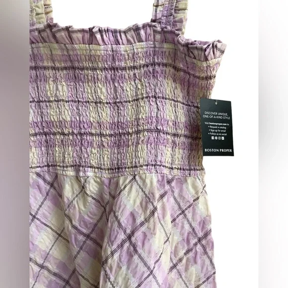 NWT Boston Proper Smocked Plaid Seersucker Dress In Lilac‎ And White. so … - Picture 9 of 15